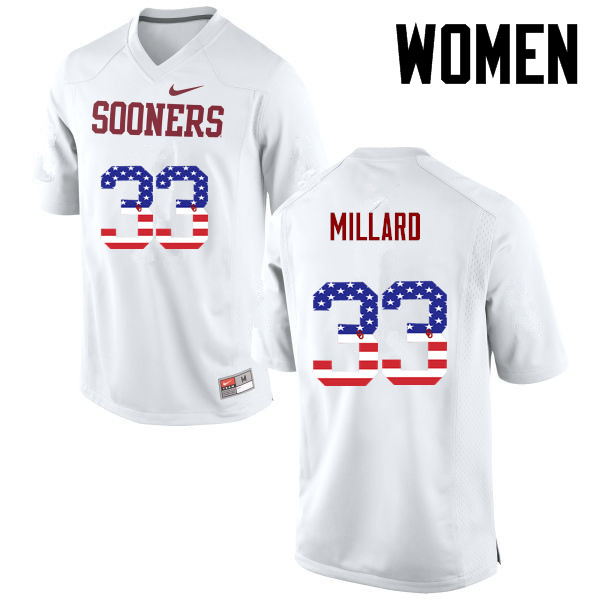 Women Oklahoma Sooners #33 Trey Millard College Football USA Flag Fashion Jerseys-White - Click Image to Close